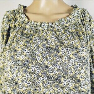 Max Studio Top Women's L  Ruched Long Sleeves Modest Gathered Neck Yellow Floral